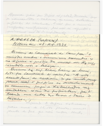 Transcrição de notícia do jornal A Defesa de 28 de novembro 1936, no Caderno de apontamentos p...