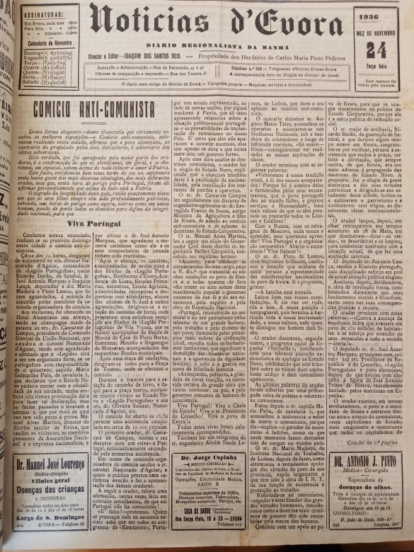 Pormenor de jornal Notícias D`Évora de dia 24 de novembro de 1936